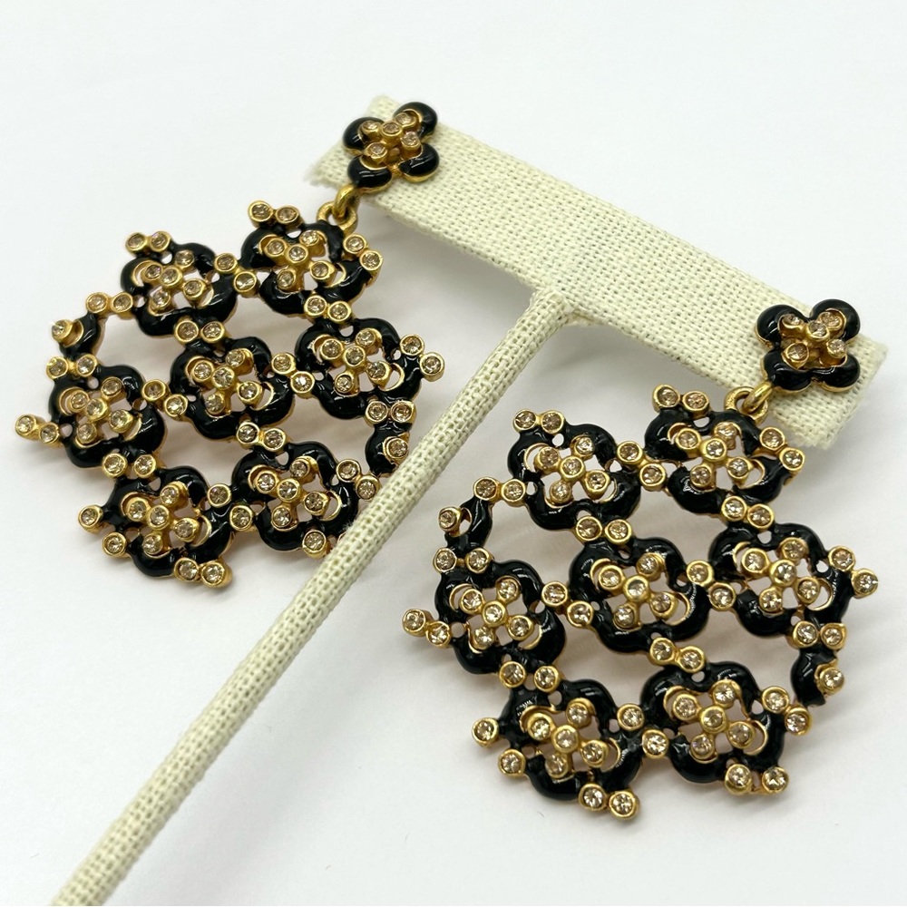 Oscar de la Renta Black Enameled and Crystal Drop Earrings - Picture 2 of 7